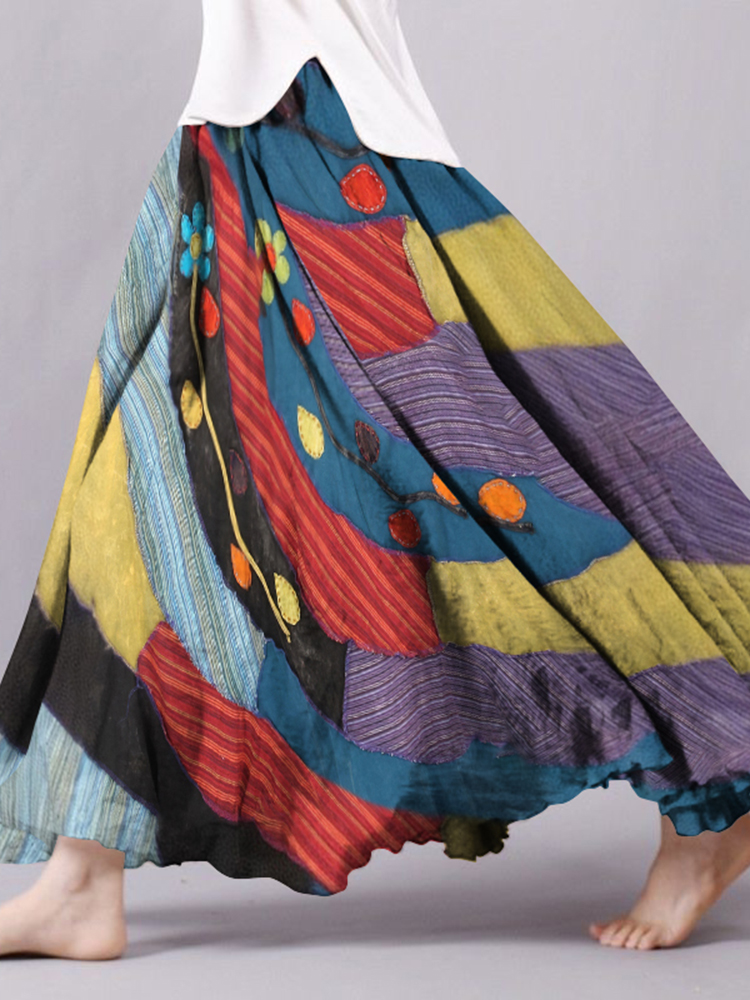 Vintage Boho Color Block Flowy Wide Skirt