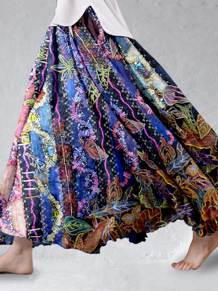 Vintage Floral Embroidered Flowy Linen Blend Wide Skirt Vintage Floral Embroidered Flowy Linen Blend Wide Skirt