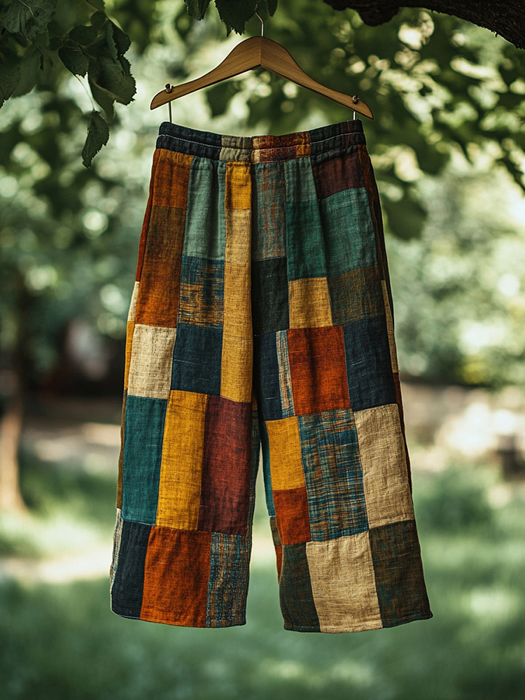 Vintage Color Block Linen Blend Casual Pants