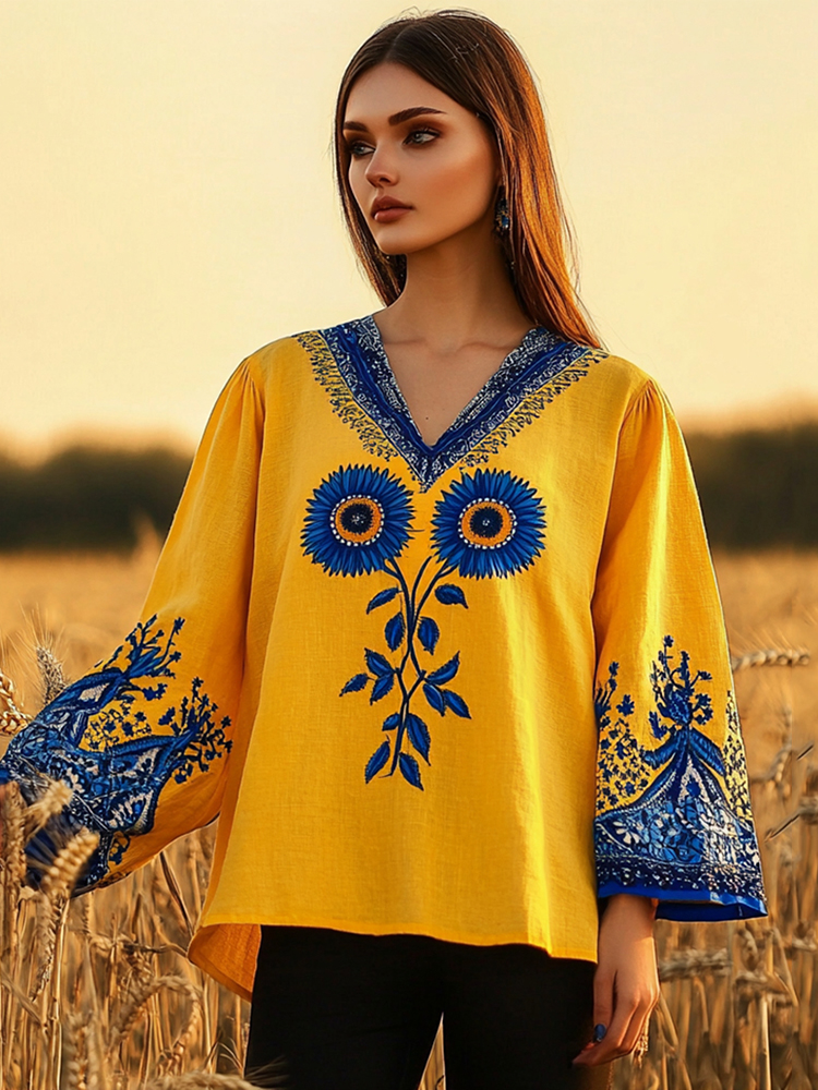 Women's Ukrainian Sunflower Embroidery Art V-neck Linen Blend T-shirt