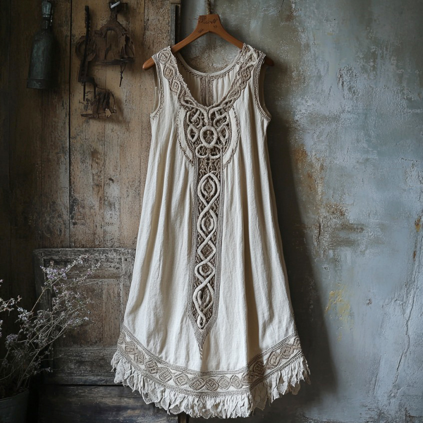 Vintage Tribal Celtic Knot Lace Art Linen Tank Dress Vintage Tribal Celtic Knot Lace Art Linen Tank Dress