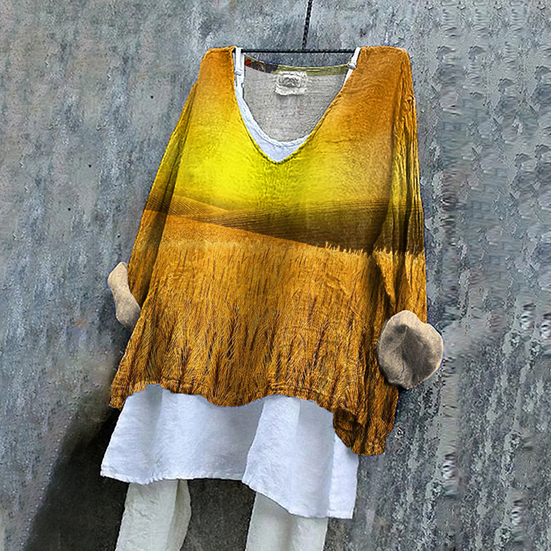 Women's Sunset Wheat Print Linen V-neck Shirt Women's Sunset Wheat Print Linen V-neck Shirt
