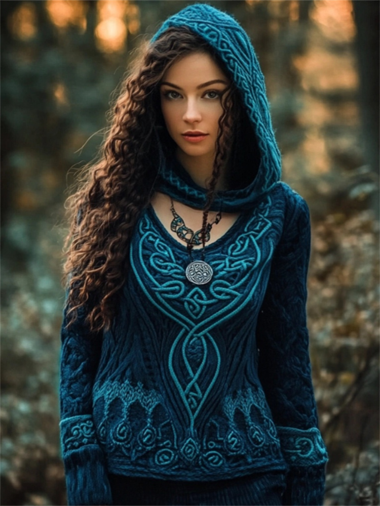 Peacock Inspired Celtic Jacquard V Neck Sweater