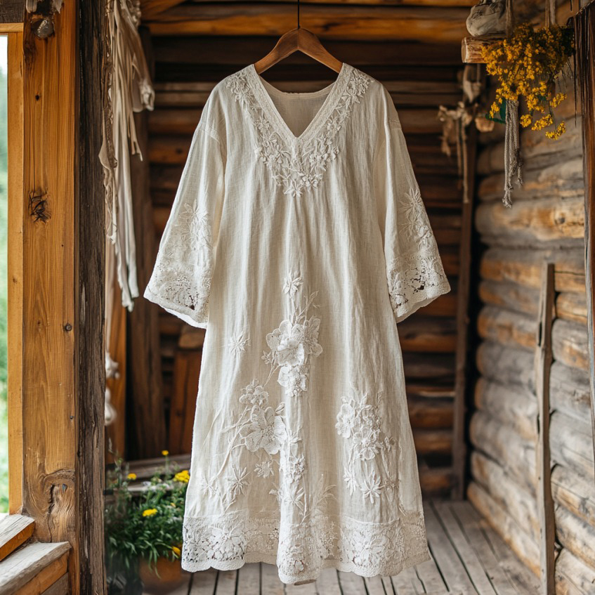 Retro Floral Embroidery Lace Art Linen Blend Maxi Dress Retro Floral Embroidery Lace Art Linen Blend Maxi Dress