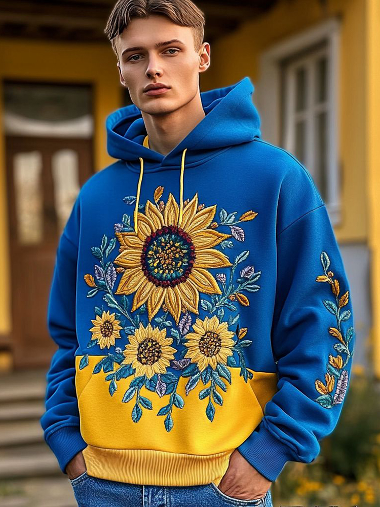 Men's Ukrainian Sunflower Embroidered Cozy Hoodie