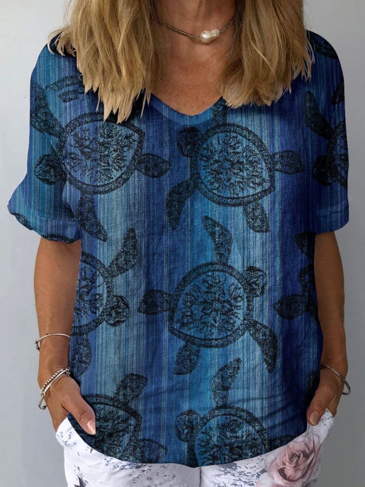 Women's Turtle Pattern Linen Blend T-shirt