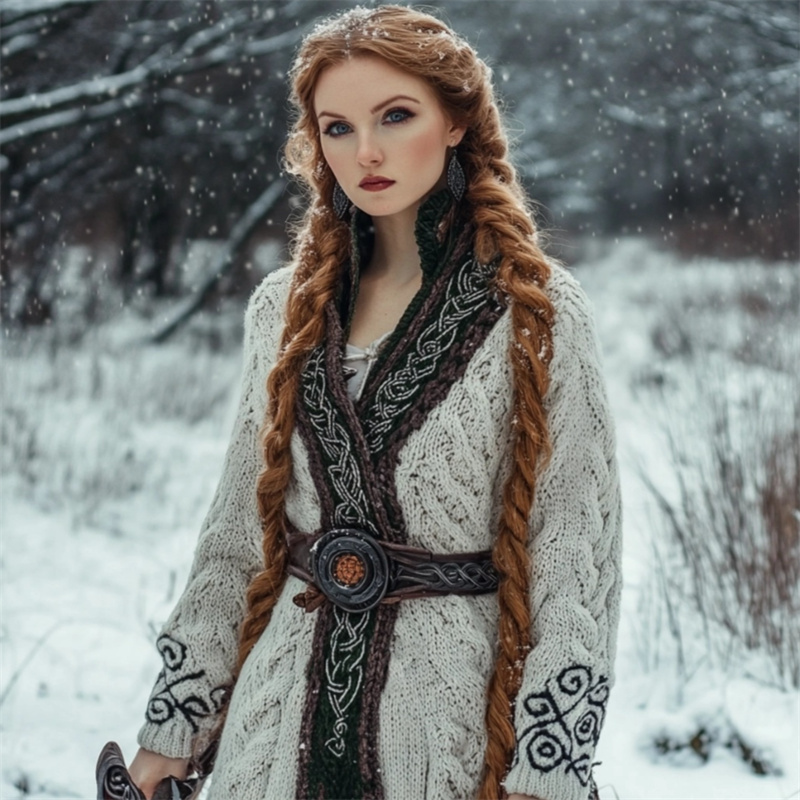 Medieval Celtic Contrast Hem Cozy Chunky Long Cardigan Medieval Celtic Contrast Hem Cozy Chunky Long Cardigan