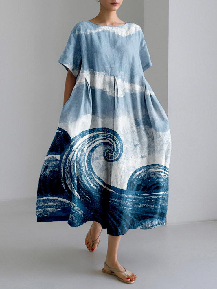 Ocean Waves Art Linen Blend Comfy Maxi Dress