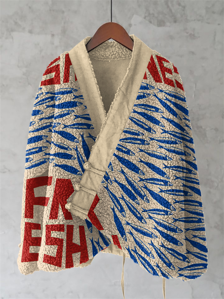 Vintage Fish Sardines Art Painting Pattern Fleece Kimono Cardigan