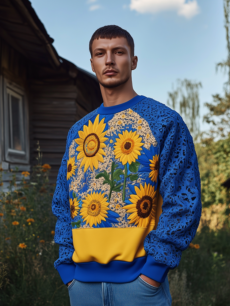 Men's Ukrainian Sunflower Embroidery Raglan Sleeve Casual Sweatshirt