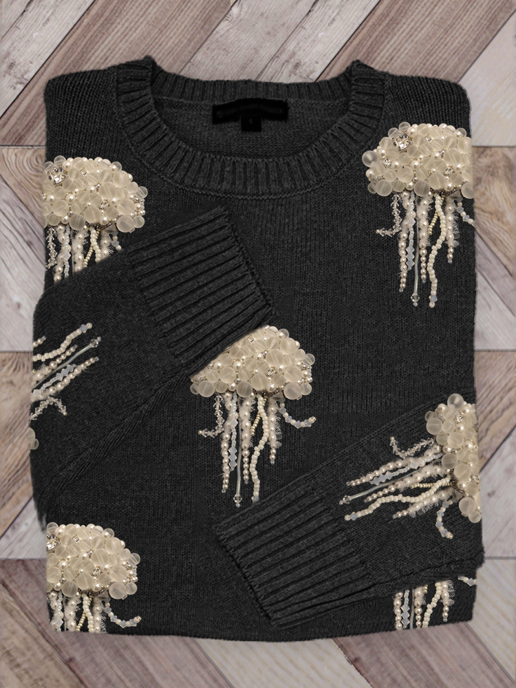 Jellyfish Pearls Beaded Embroidered Cozy Knit Sweater