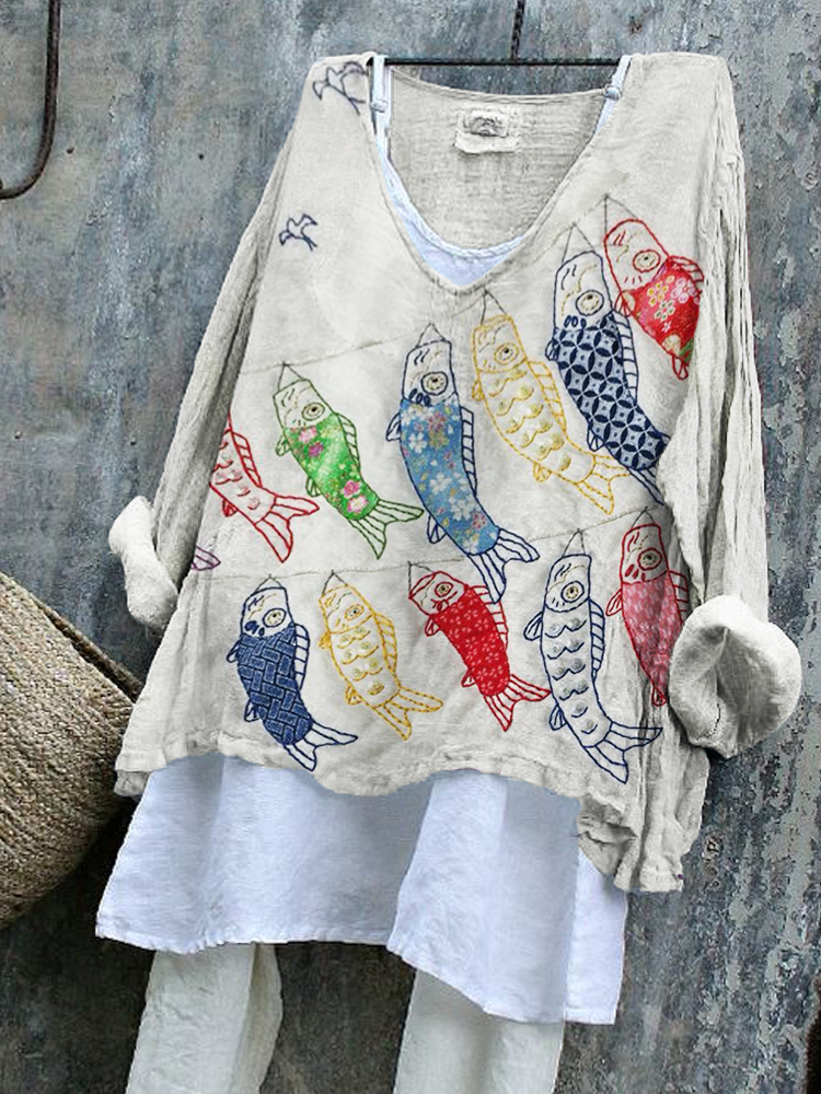 Japanese Colorful Carp Streamer Embroidered Linen Blend Tunic
