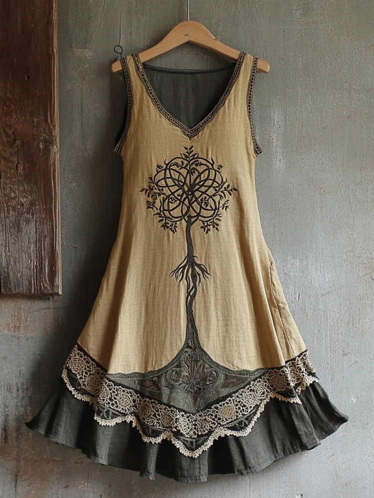 Viking Celtic Tree Of Life Patchwork Linen Tank Dress