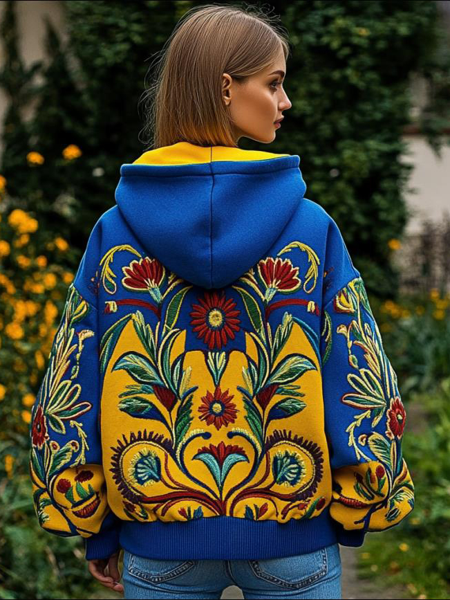 Ukraine Floral Embroidered Contrast Color Cozy Hoodie