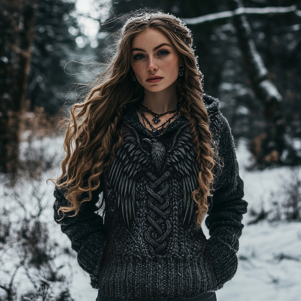 Women's Viking Bird Graphic Chunky Knit Celtic Knot Vintage Pocket Hooded Sweater Women's Viking Bird Graphic Chunky Knit Celtic Knot Vintage Pocket Hooded Sweater