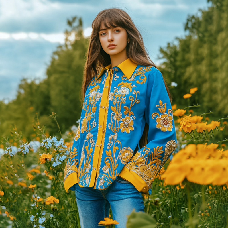 Ukrainian Folk Floral Embroidered Contrast Color Art Print Shirt