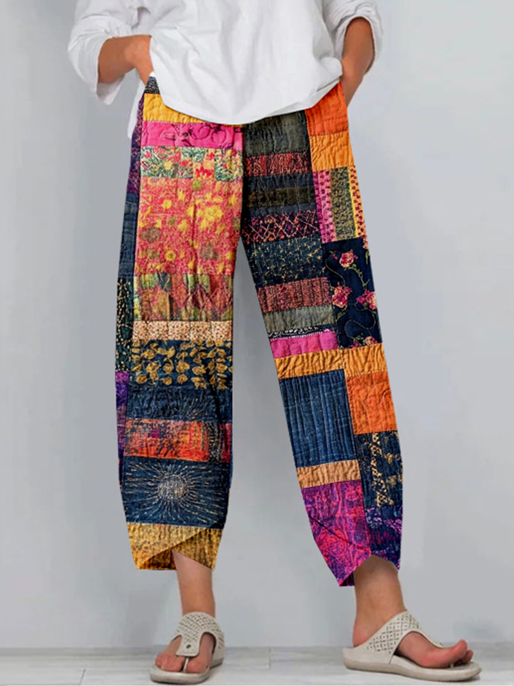 Colorful Boho Patchwork Cropped Casual Pants