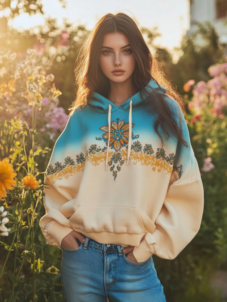 Ukrainian Folk Sunflower Embroidered Gradient Art Pattern Hoodie