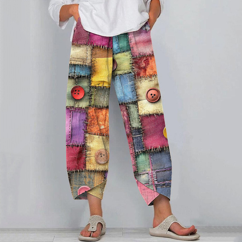 Women's Boho Multicolor Patchwork Art Linen Blend Pants Women's Boho Multicolor Patchwork Art Linen Blend Pants