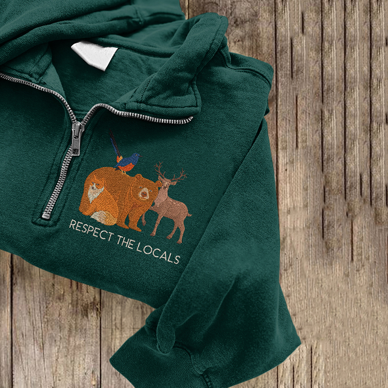 Respect The Locals Animal Embroidered Zipper Sweatshirt