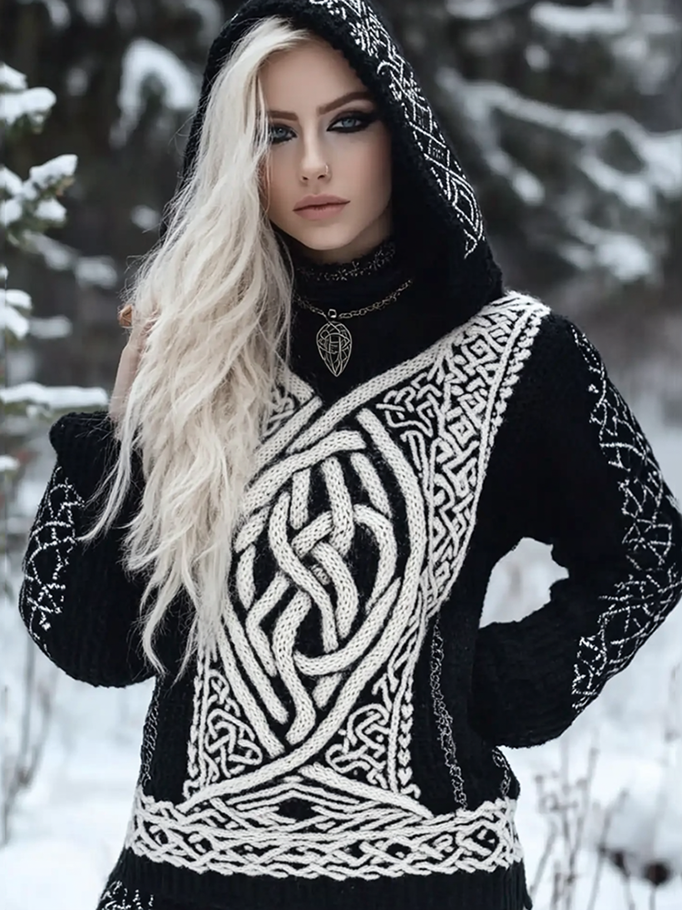 Women's Viking Style Celtic Knot Knitted Jacquard Hooded Sweater