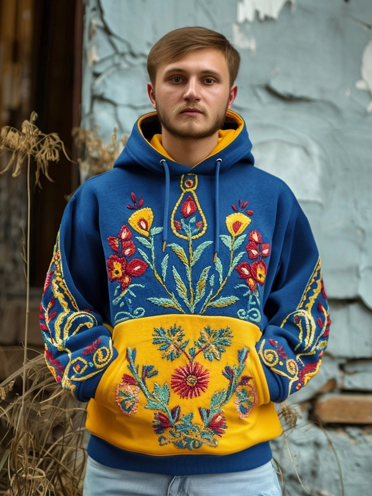 Men's Ukrainian Folk Floral Embroidered Contrast Color Washed Hoodie