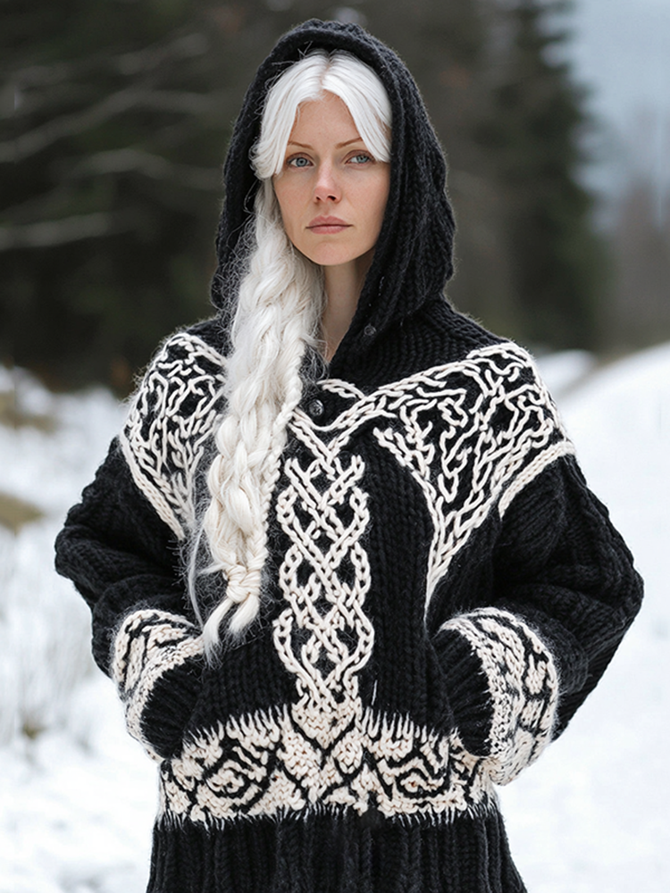 Women's Viking Tribal Jacquard Celtic Inspired Chunky Knit Hooded Sweater