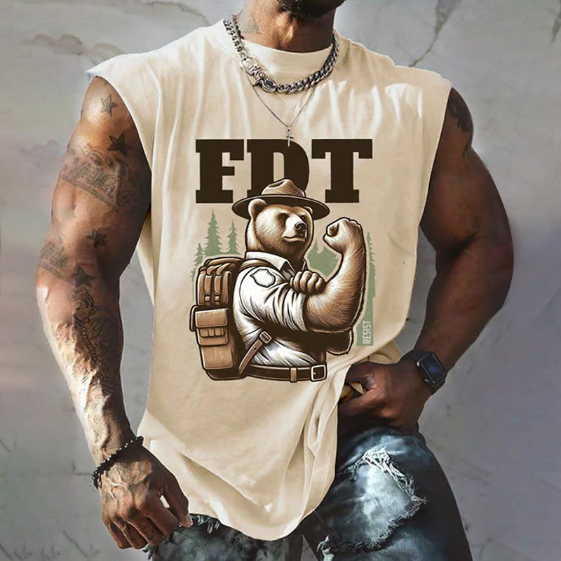 Men's Retro Support National Parks Fdt Resist Bear Print Sleeveless Tank Top