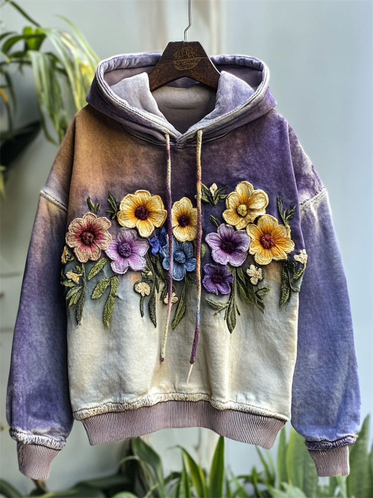 Classy Flowers Embroidered Contrast Color Washed Hoodie