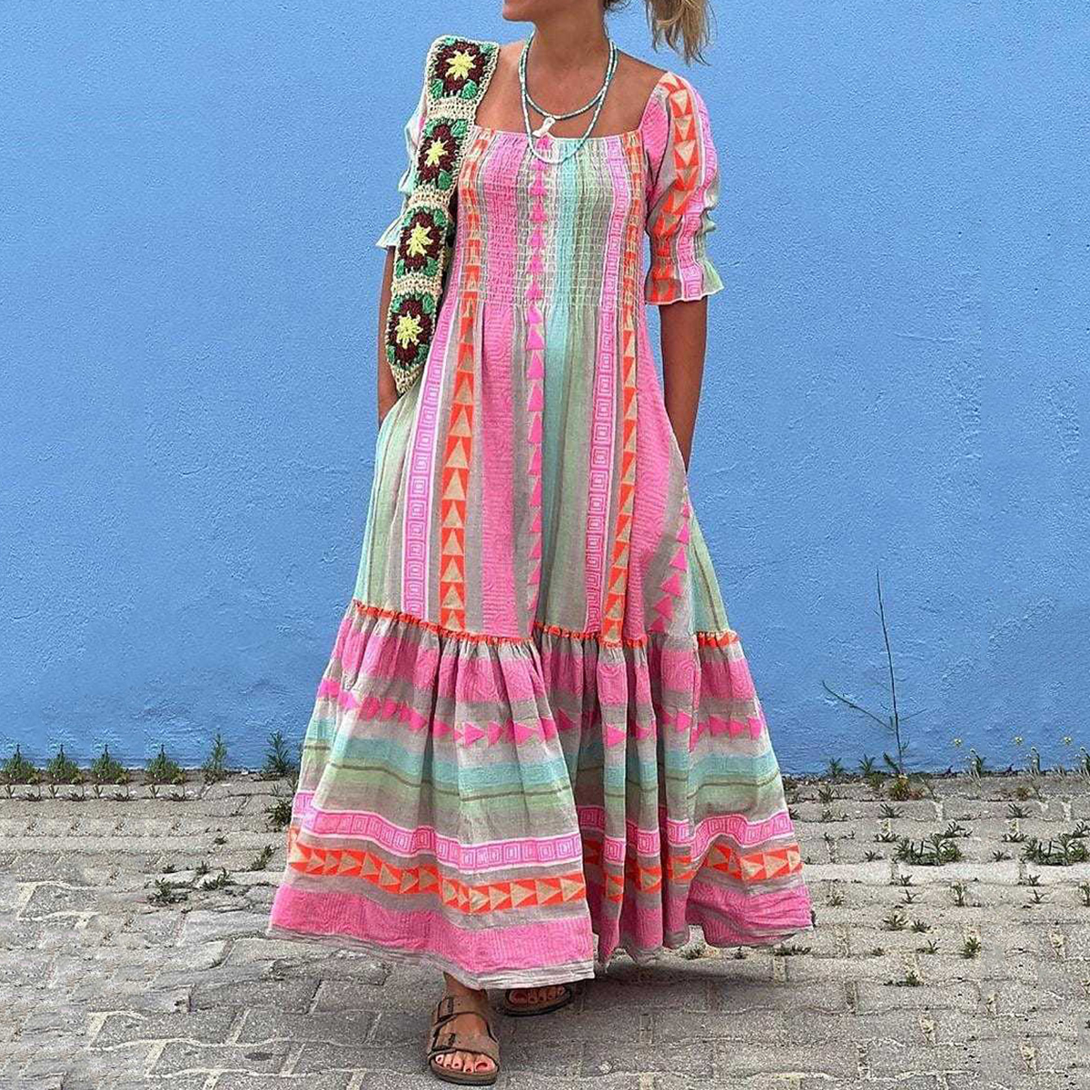 Vintage Geometric Color Block Bohemian Leisure Holiday Pleated Patchwork Half Sleeve Square Neck Colorful Midi Dress Vintage Geometric Color Block Bohemian Leisure Holiday Pleated Patchwork Half Sleeve Square Neck Colorful Midi Dress