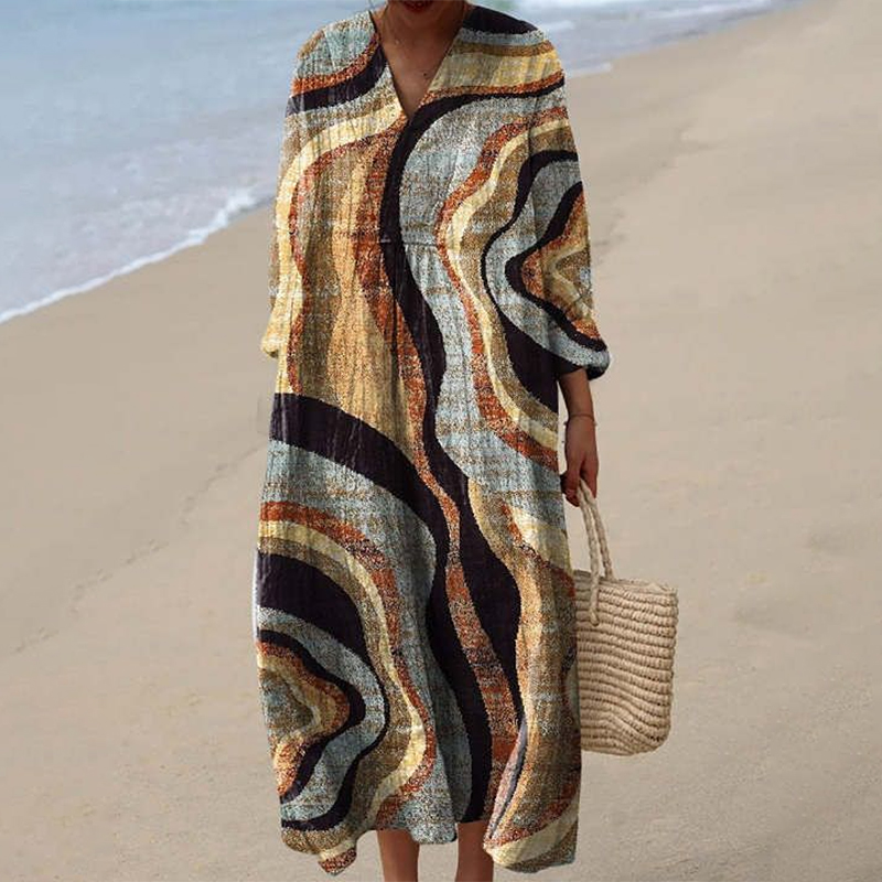 Vintage Geometric Art Linen Blend Maxi Dress Vintage Geometric Art Linen Blend Maxi Dress