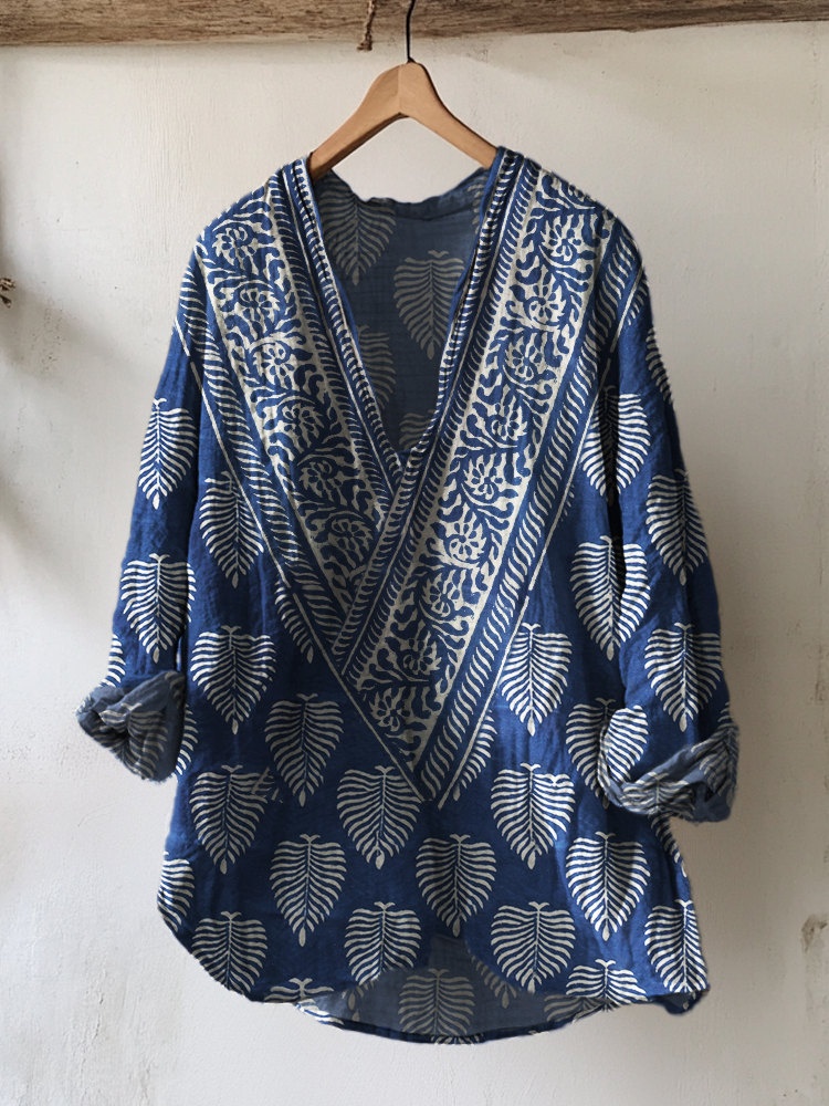 Indigo Leaves Ethnic Block Print Beach Linen Tunic