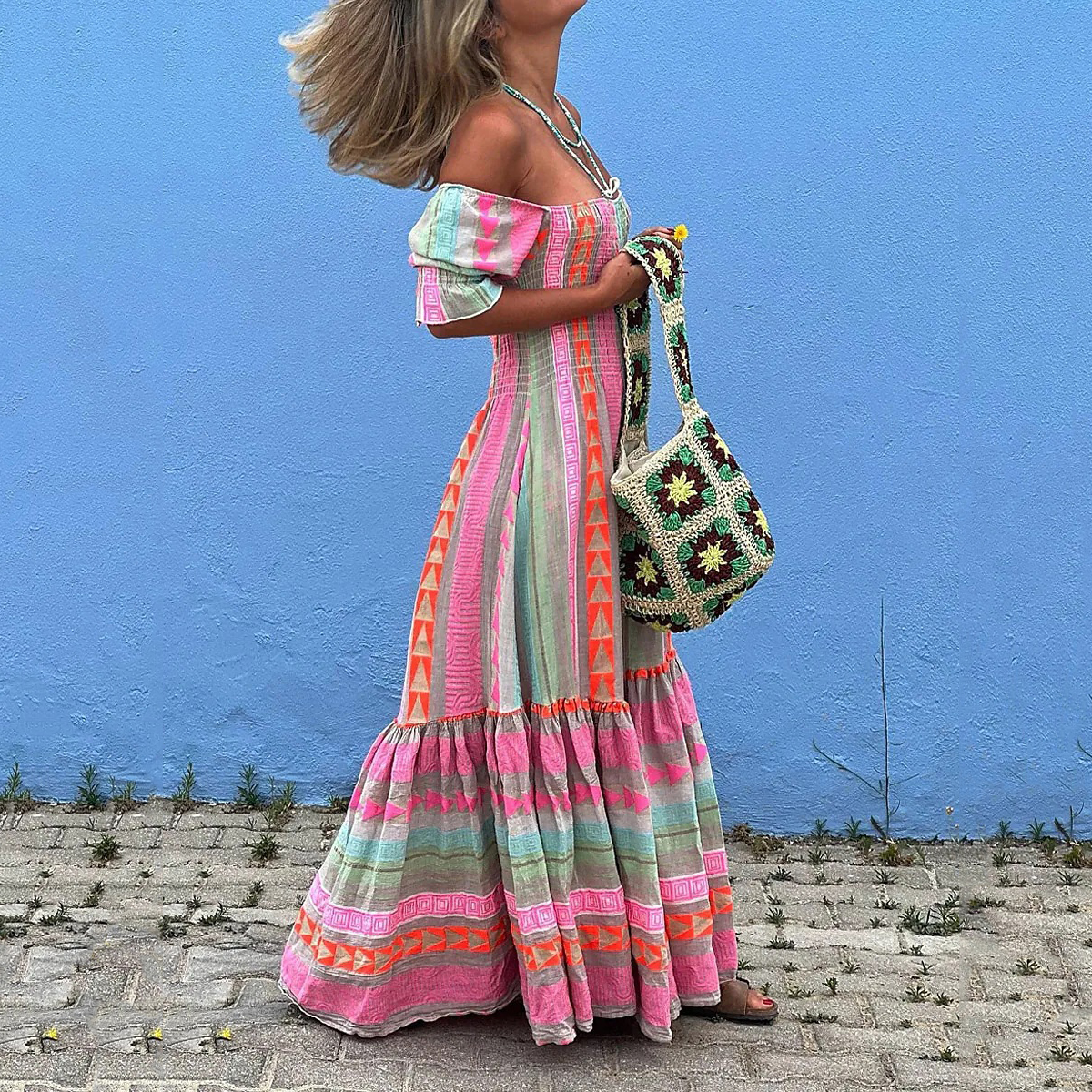 Vintage Geometric Color Block Bohemian Leisure Holiday Pleated Patchwork Half Sleeve Square Neck Colorful Midi Dress Vintage Geometric Color Block Bohemian Leisure Holiday Pleated Patchwork Half Sleeve Square Neck Colorful Midi Dress