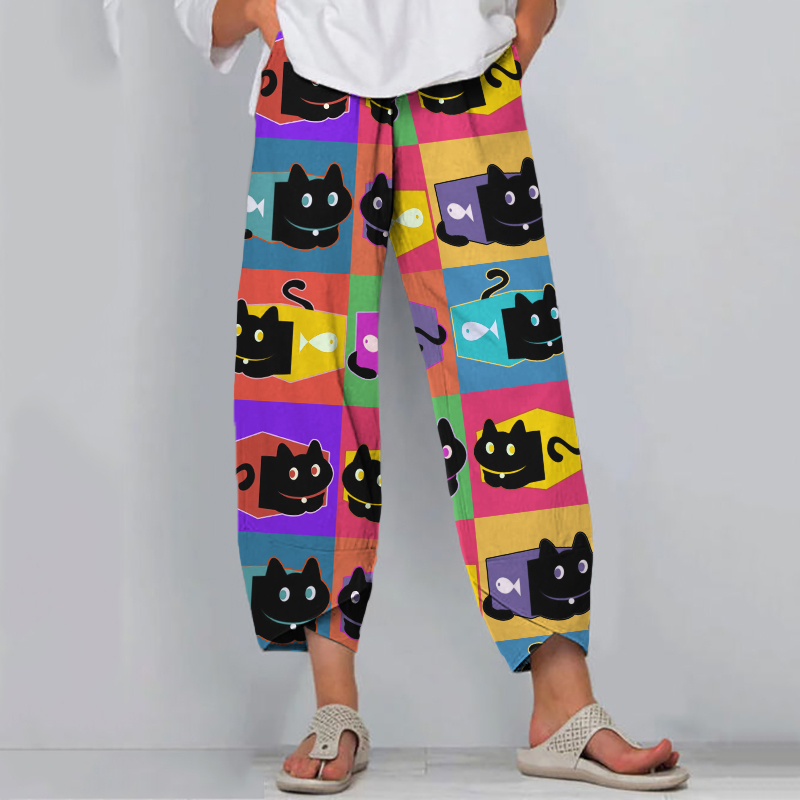 Women's Black Cat Multicolor Pop Art Linen Blend Pants Women's Black Cat Multicolor Pop Art Linen Blend Pants